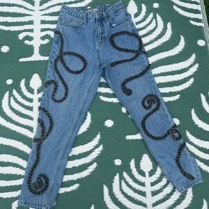Topshop Blue Straight Leg Jeans with Black Embroidery